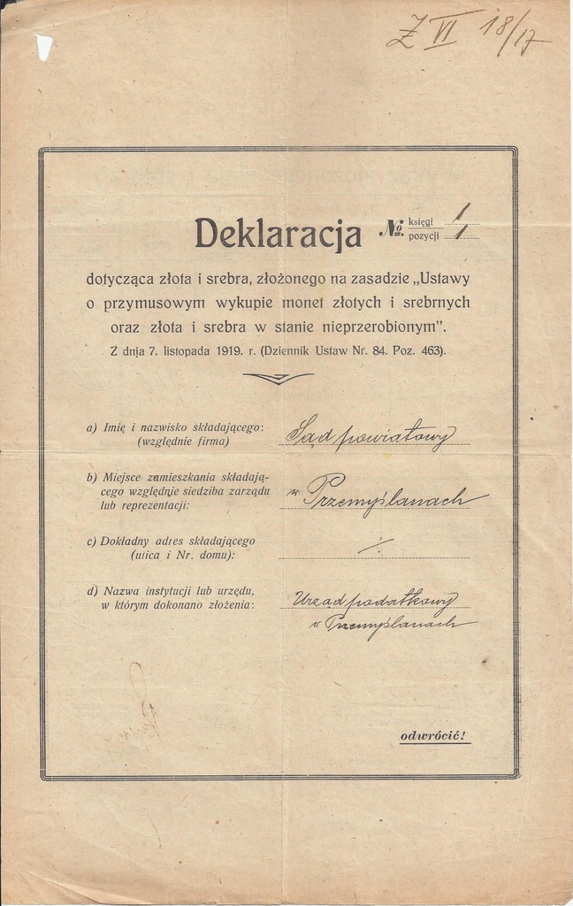 DEKLARACJA DEPOZYT ZŁOTA I SREBRA PRZEMYŚLANY 19