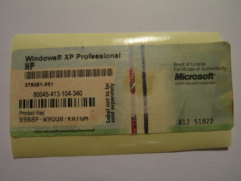 WINDOWS XP Professional Naklejka z kluczem HP