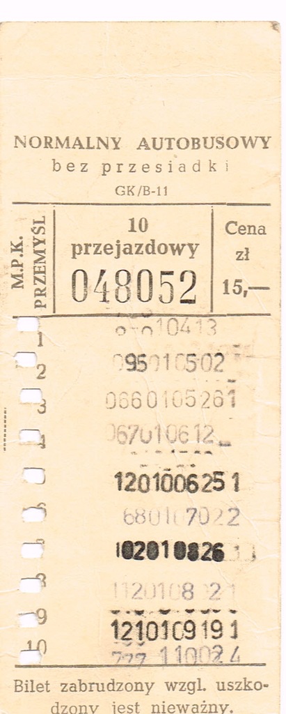 BILET MPK PRZEMYŚL 10 PRZEJAZDOWY PRL