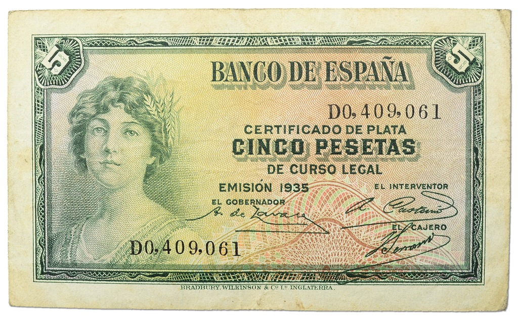 26.Hiszpania, 5 Peset 1935, P.85.a, St.3+