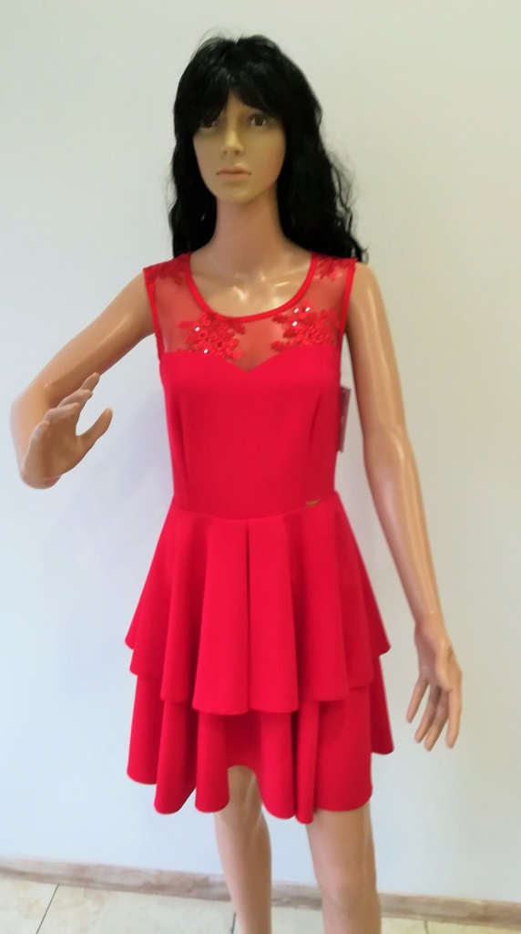 Sukienka suknia rozkloszowana krótka czerwona 38 M