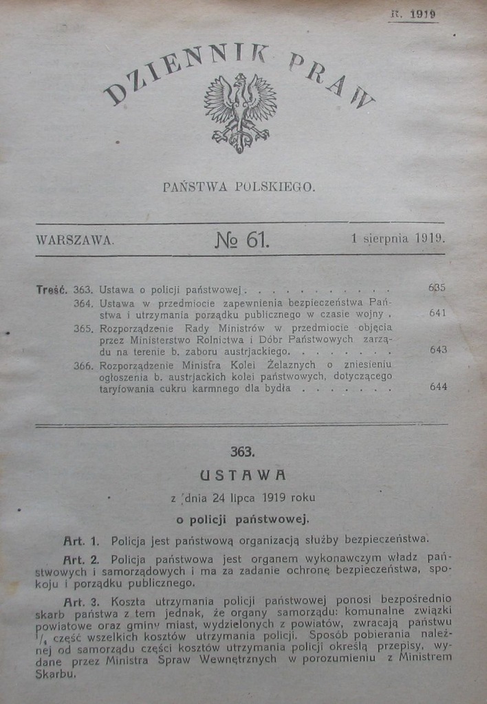 USTAWA O POLICJI PAŃSTWOWEJ .1919 POLICJA II R