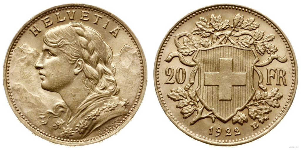 Złota moneta 20 franków Helvetia 1922r