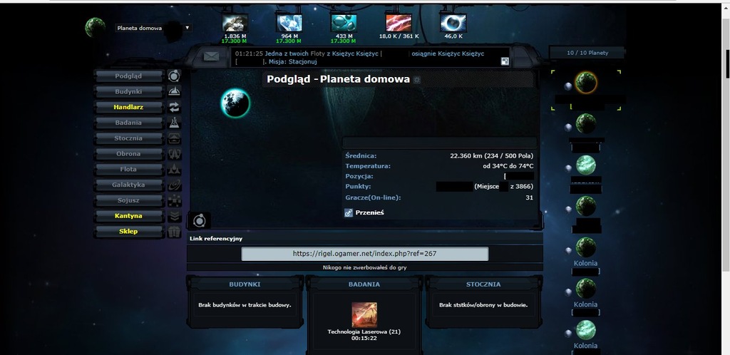 Konto Ogame Ogamer top 20 badania top 1