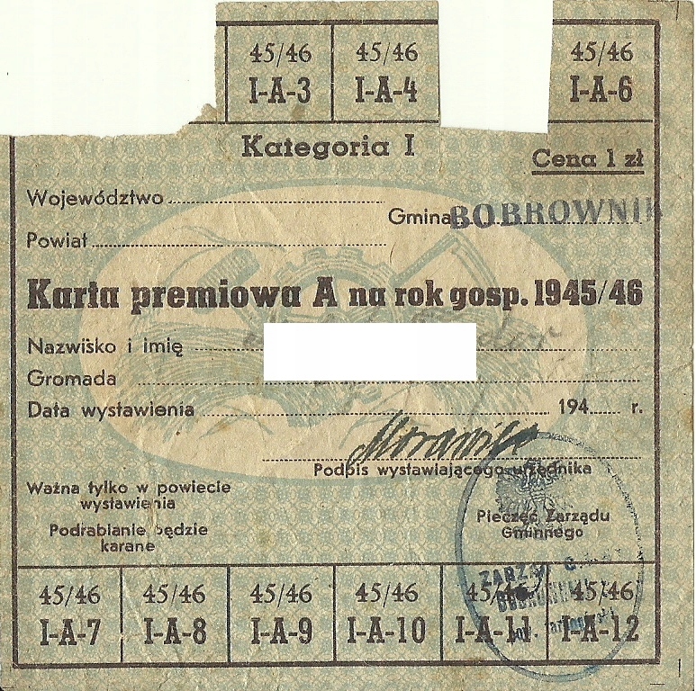 Karta premiowa 1945/46