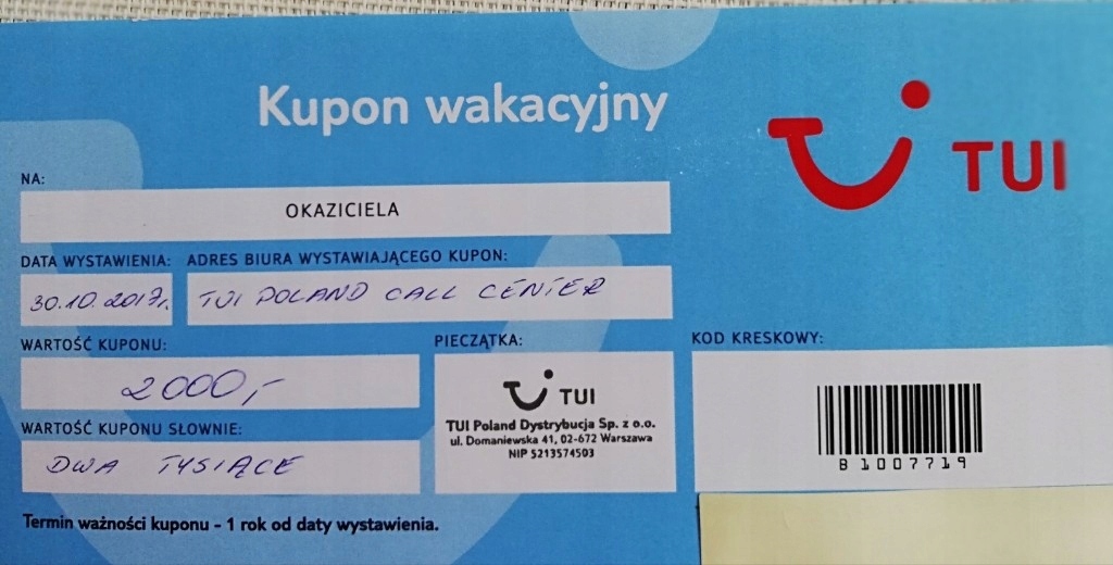 kupon, voucher TUI 2000 zł