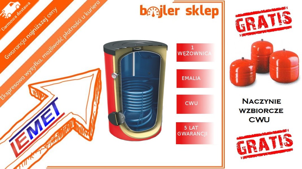 Bojler LEMET 250l 1w ZASOBNIK CWU z wężownicą jedn