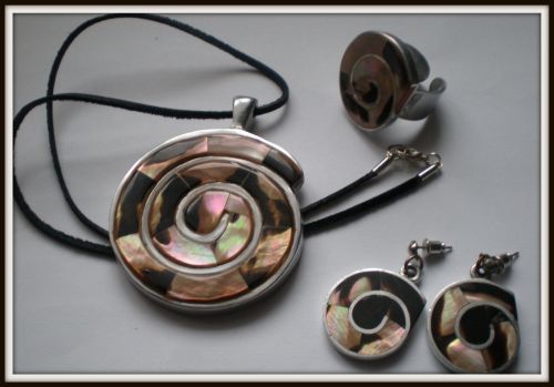 Vintage*komplet biżuterii :cyna"muszla paua