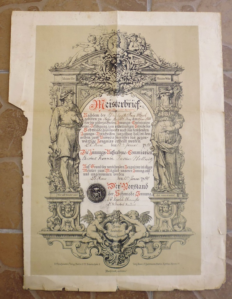dyplom mistrzowski kowala- Dt. Krone - Wałcz 1890r
