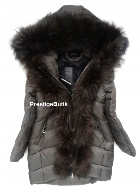 Włoska PARKA naturalne jenot puchowa KHAKI 42 XL