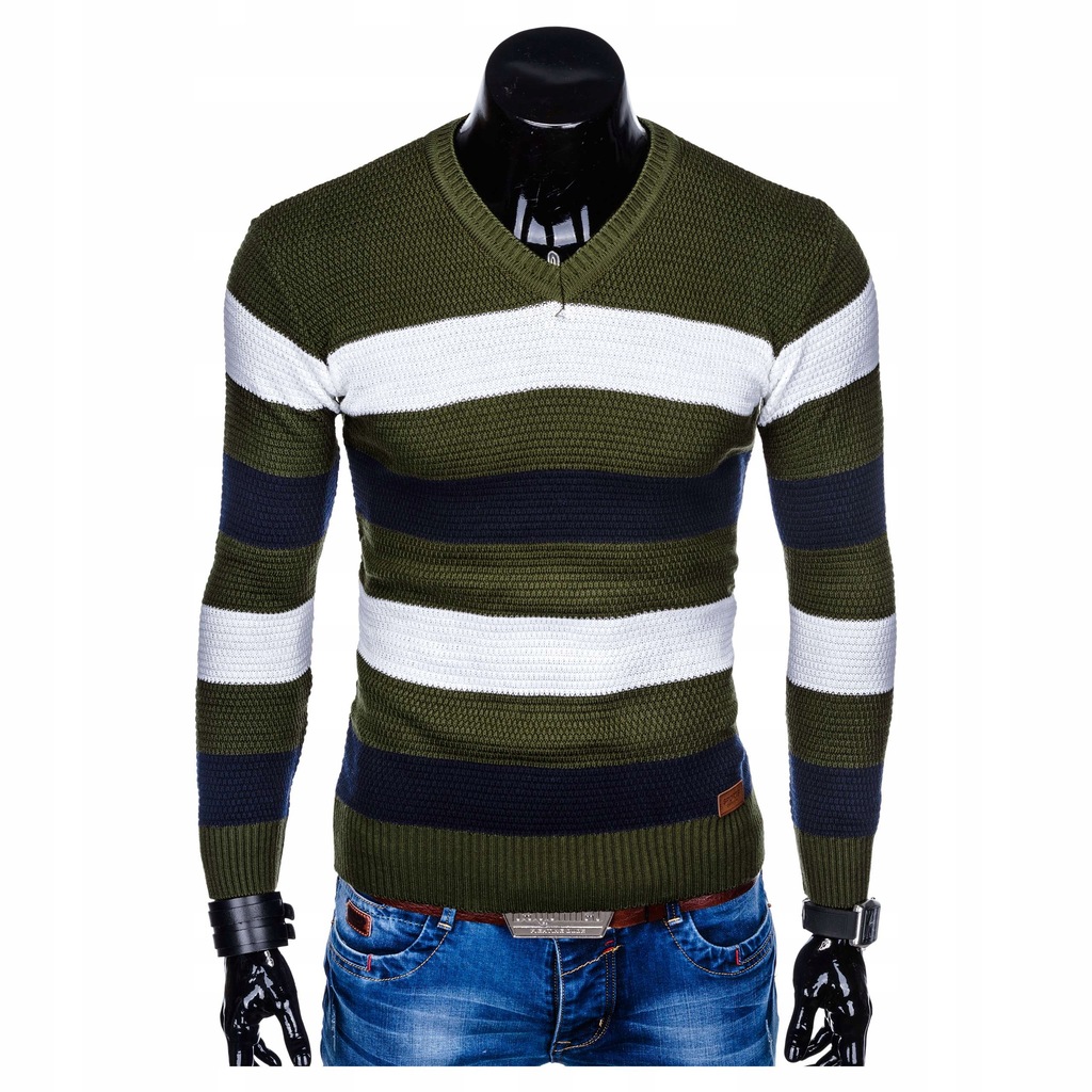 Sweter męski paski v neck modny E144 khaki L