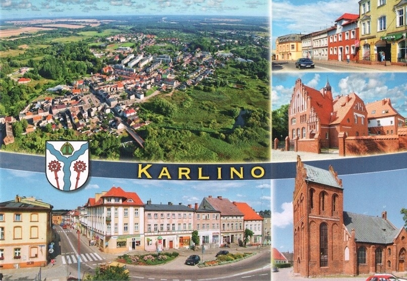 KARLINO - KOŚCIÓŁ + MIASTO Z GÓRY - HERB - 2018R