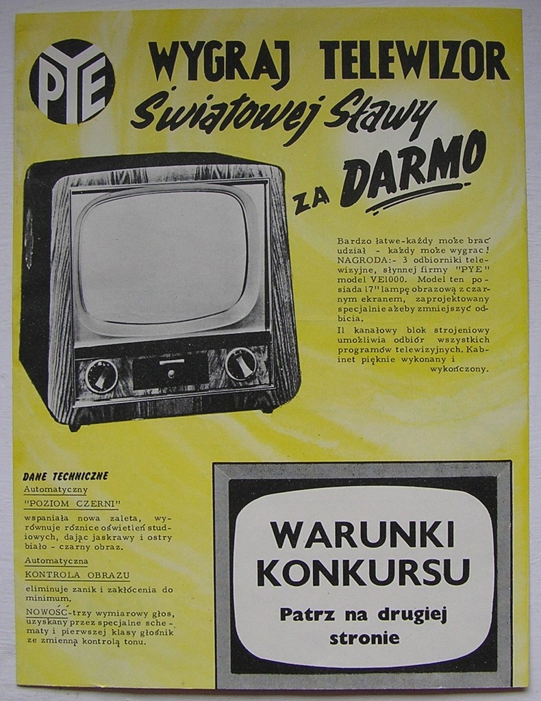 TELEWIZJA POLSKA KONKURS WYGRAJ TELEWIZOR PYE 1958