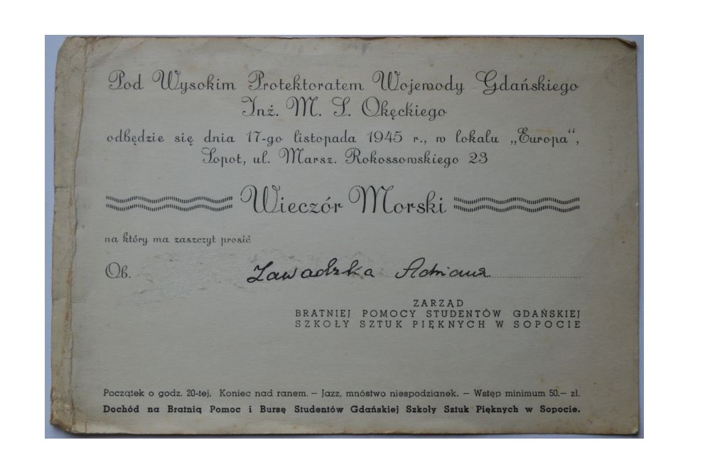 WIECZÓR MORSKI-SOPOT HOTEL EUROPA 1945-ZAPROSZENIE