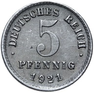 Německo - Císařství - mince - 5 Pfennig 1921 J - ŽELEZO - HAMBURG