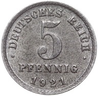 Nemecko - Cisárstvo - minca - 5 Pfennig 1921 F - ŽELEZO - MINCOVNE Z ROLKY