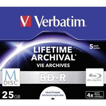 VERBATIM M-DISC BD-R, 25 ГБ, упаковка из 5 шт. для печати, для архивирования