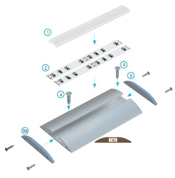 КПЛ. АЛЮМИНИЕВЫЙ ПРОФИЛЬ RETO ДЛЯ СВЕТОДИОДНЫХ ЛЕНТ 2М + ЛАМПА OLKY