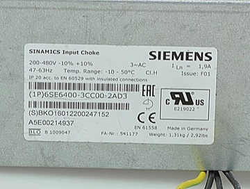 6SE6400-3CC00-2AD3 Входной дроссельный фильтр SINAMICS 1,9 А