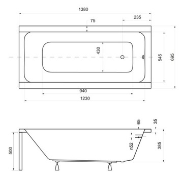 BESCO MODERN АКРИЛОВАЯ ВАННА 140x70 + СИФОН + НОЖКИ