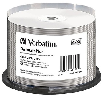 VERBATIM CD-R PRINTABLE cake 100szt DataLife PLUS niezawodne