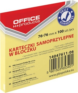 Karteczki bloczki samoprzylepne 76x76 mm żółte