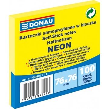 Notes Samoprzylepny Donau 76x76mm Neon Żółty 100k