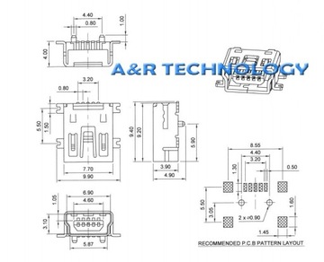 5-контактный разъем Mini USB B, установка SMD-печати