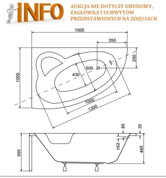 BESCO NATALIA УГЛОВАЯ ВАННА 150x100 СИФОН НОЖКИ