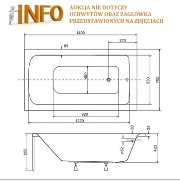 ПРЯМОУГОЛЬНАЯ ВАННА BESCO TALIA 140x70 КОРПУС СИФОНА