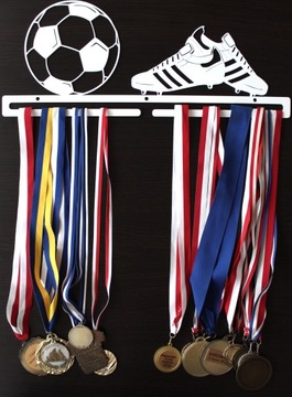 Duży metalowy wieszak na medale PIŁKA NOŻNA PIŁKARZ FOOTBALL MUNDIAL biały