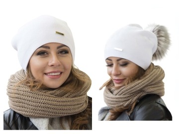 ELEGANCKA czapka BIAŁA krasnal-pompon eco JENOT C7