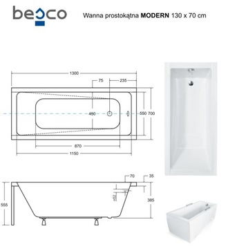 Ванна 130х70 Modern Besco Piramida 130 Польский продукт