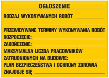 TABLICA INFORMACYJNA BUDOWLANA BIOZ OGŁOSZENIE