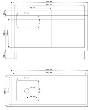 РАБОЧИЙ СТОЛ ШКАФ ДЛЯ МАКОВИНЫ БАССЕЙН INOX 1500 x 600 мм