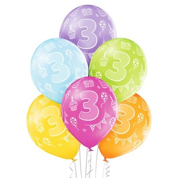 Balony 3 urodziny birthday mix kolorowe 6szt