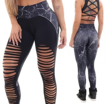 Legginsy Modelujące z Nacięciami Wzory Marmurkowe na Siłownię Fitness L