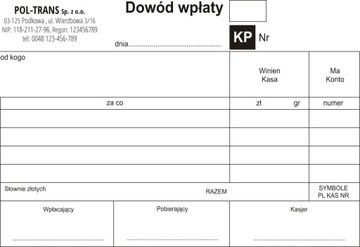 DOWÓD WPŁATY KP/KW samokopia A6 logo/dane/numer.