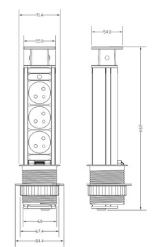 МЕБЕЛЬНАЯ РОЗЕТКА 3Х250В AC, ВЫДВИЖНАЯ СО СТОЛЕШНИЦЫ, 6СМ