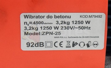 WIBRATOR ZAGĘSZCZARKA DO BETONU 1250W + BUŁAWA 2M