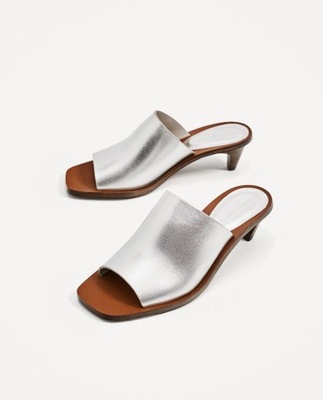 skórzane sandały klapki mules srebrne Zara 37