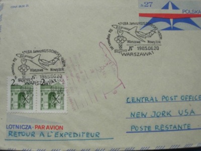 List lot sam Janusz Kusoci Ił62M Wawa-Nowy Jork'85