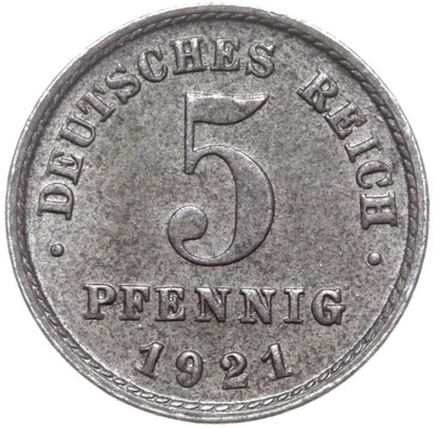 Niemcy - Cesarstwo - moneta - 5 Pfennig 1921 F - ŻELAZO - MENNICZA Z ROLKI