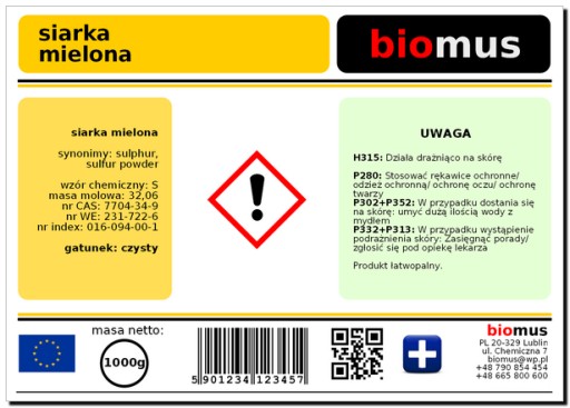 SIARKA MIELONA Czysta 99,9% 1kg Pylista BIOMUS Proszek Nawóz