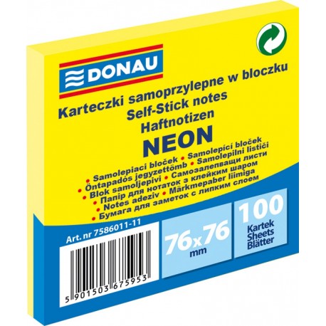 Notes Samoprzylepny Donau 76x76mm Neon Żółty 100k