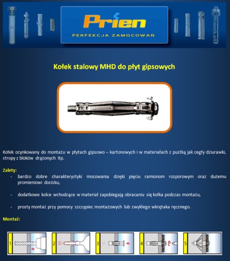 Kołek Kołki rozporowe do płyt gipsowych M 6x37 100