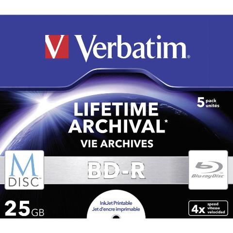 VERBATIM M-DISC BD-R, 25 ГБ, упаковка из 5 шт. для печати, для архивирования