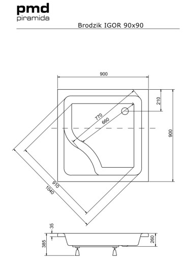 АКРИЛОВЫЙ ДУШЕВОЙ ПОДДОН глубиной 90x90 + каркас и корпус