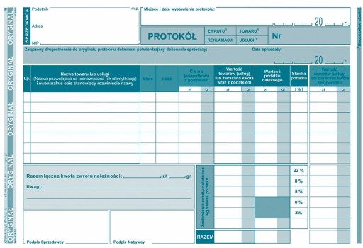 Protokół dla kas fiskalnych zwrotu reklamacji towaru O+1K 80 kart A5 173-3E