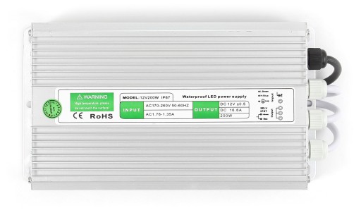 БЛОК ПИТАНИЯ 12В 200ВТ 16А IP67 ВОДОНЕПРОНИЦАЕМЫЙ ДЛЯ СВЕТОДИОДНЫХ СТОЛОВ